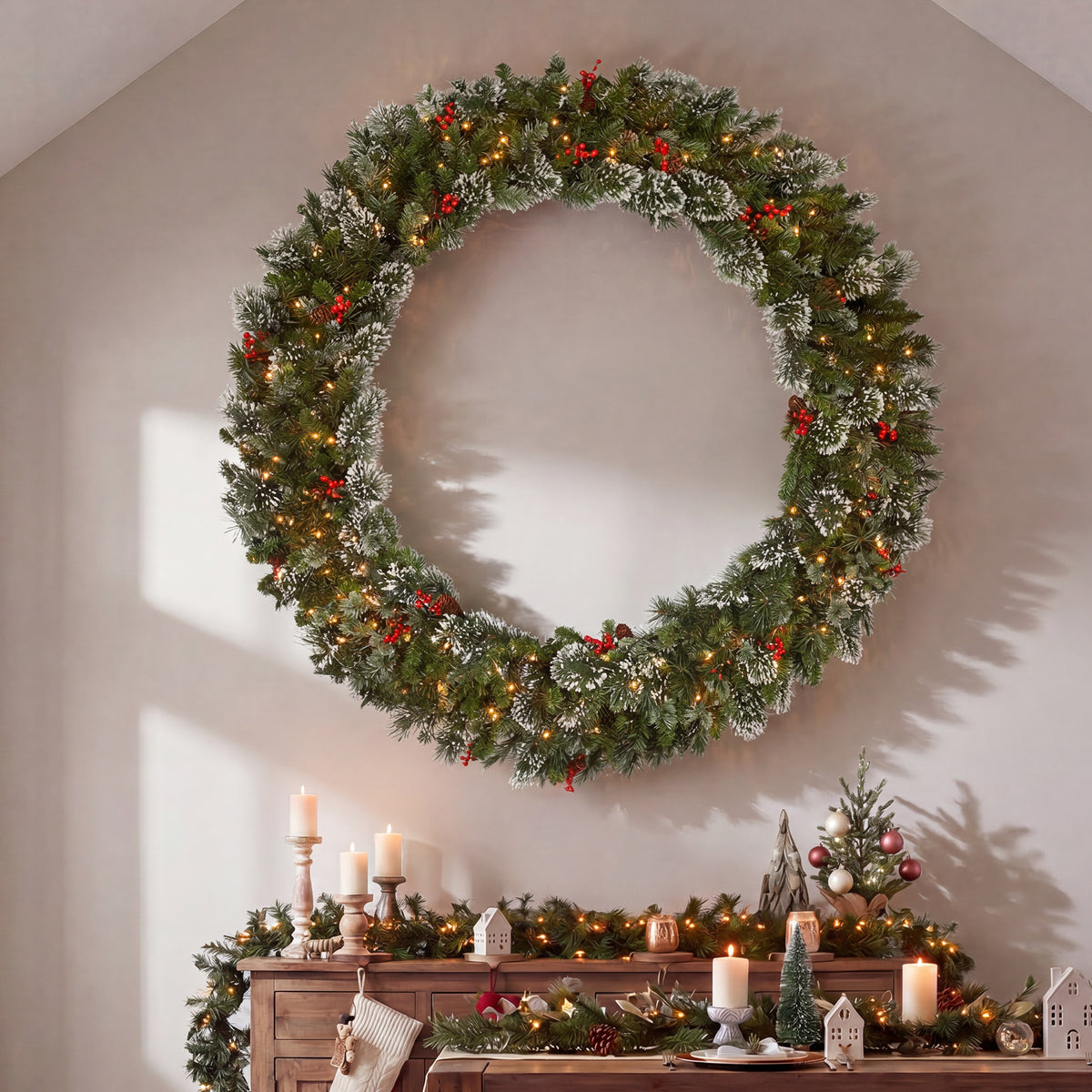 60 in. Pre-Lit Wintry Pine Wreath with Warm White Lights, Plug-In - National Tree Company