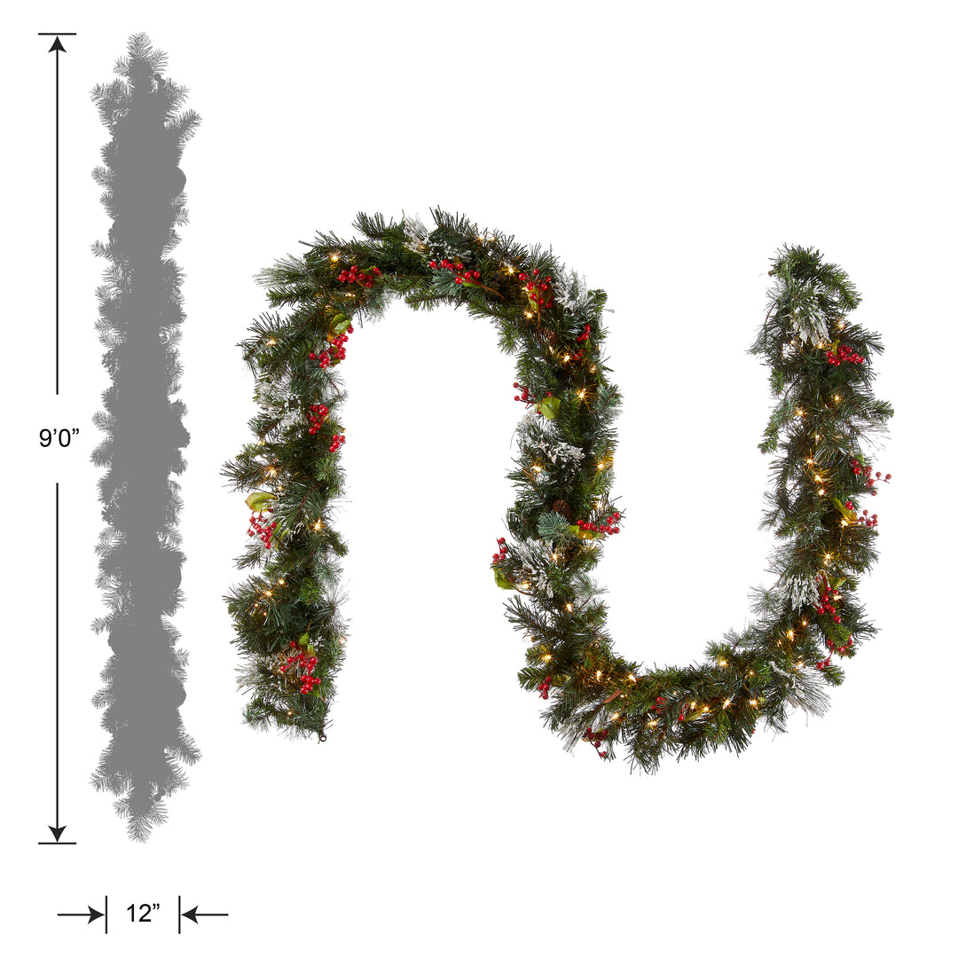 National Tree Company Pre-Lit Artificial Christmas Garland, Green, Wintry Pine, White Lights, Decorated with Pine Cones, Berry Clusters, Plug In, Christmas Collection, 9 Feet