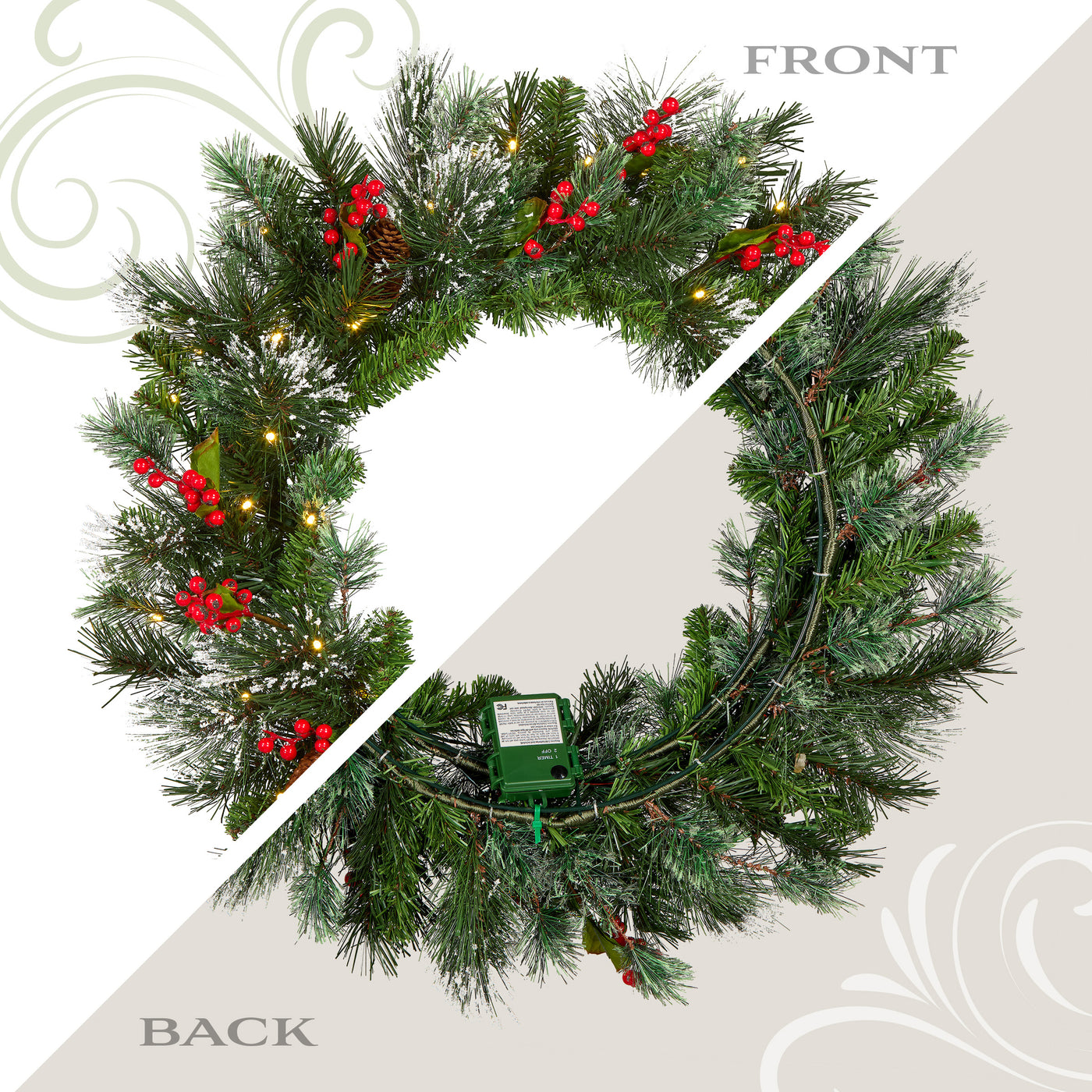 24 in. Pre-Lit Wintry Pine Wreath with Warm White LED Lights - National Tree Company