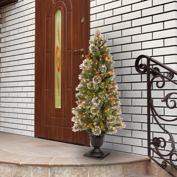 Pre-Lit Artificial Entrance Christmas Tree, Wintry Pine, Green, White Lights, Decorated with Berry Clusters, Pine Cones, Includes Metal Base, 5 Feet