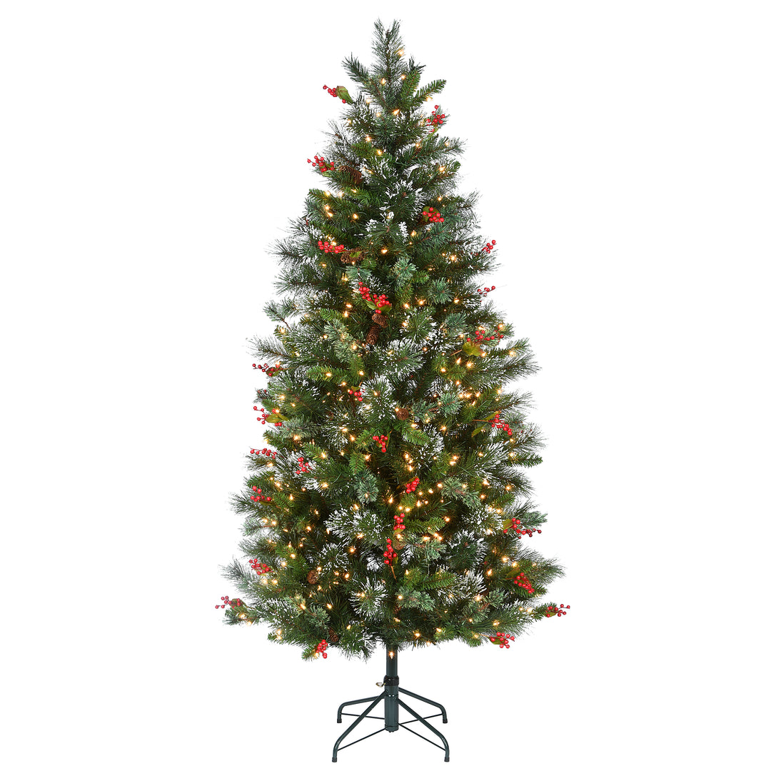 Pre-Lit Artificial Christmas Tree, Wintry Pine, Green, White Lights, Decorated with Pine Cones, Berry Clusters, Includes Stand, 6.5 Feet