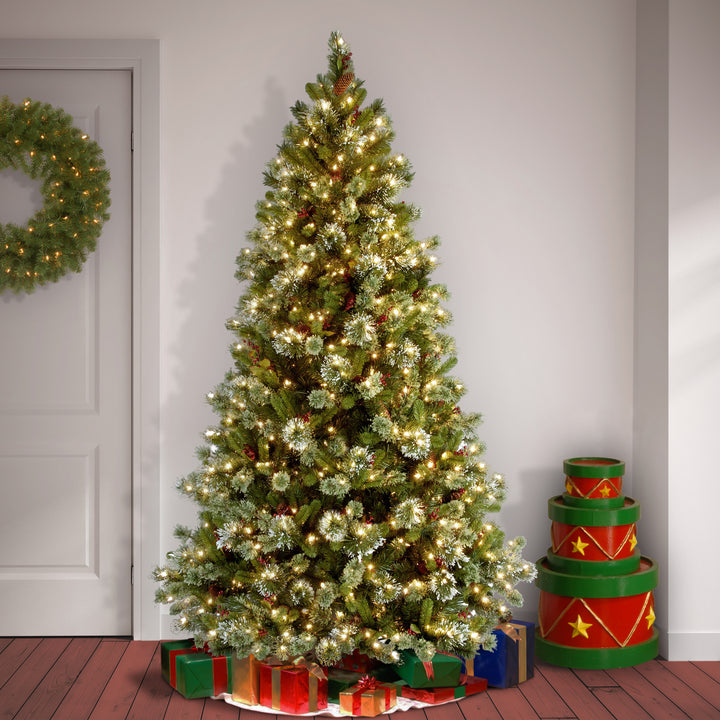 Pre-Lit Artificial Christmas Tree, Wintry Pine, Green, White Lights, Decorated with Pine Cones, Berry Clusters, Includes Stand, 7.5 Feet