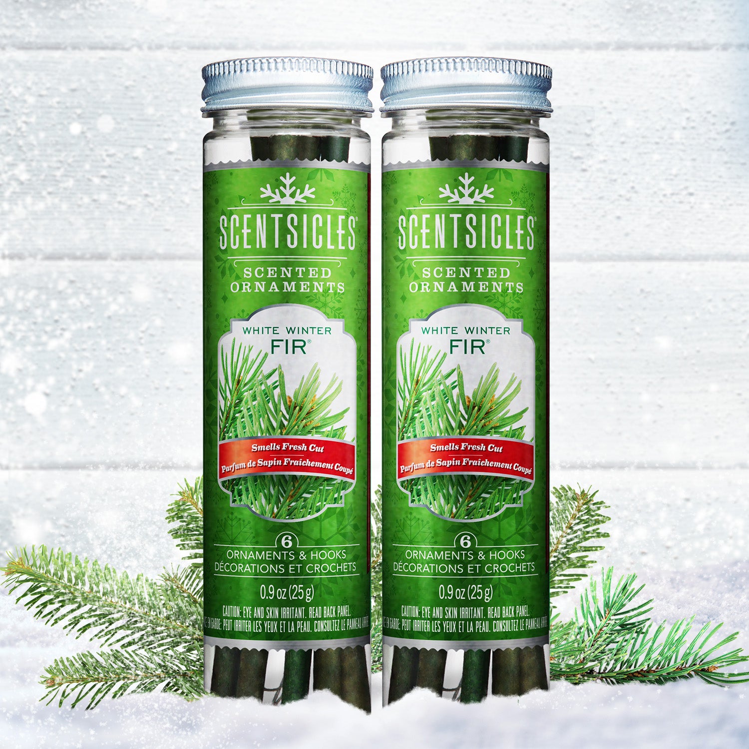 Scented Ornaments, 2 Pack- 6ct Bottle, White Winter Fir, Fragrance-Infused Paper Sticks