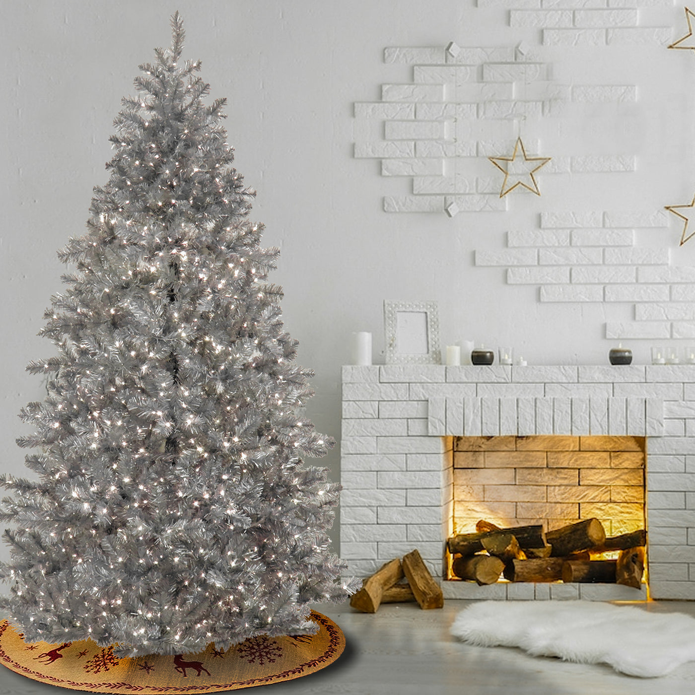 National Tree Company 7.5 ft. Pre-Lit Artificial Christmas Tree, Metallic Matte Silver, Tinsel, 1250 Cool White LED Rice Lights, Includes Stand National Tree Company 7.5 ft. Pre-Lit Artificial Christmas Tree, Metallic Matte Silver, Tinsel, 1250 Cool White LED Rice Lights, Includes Stand
