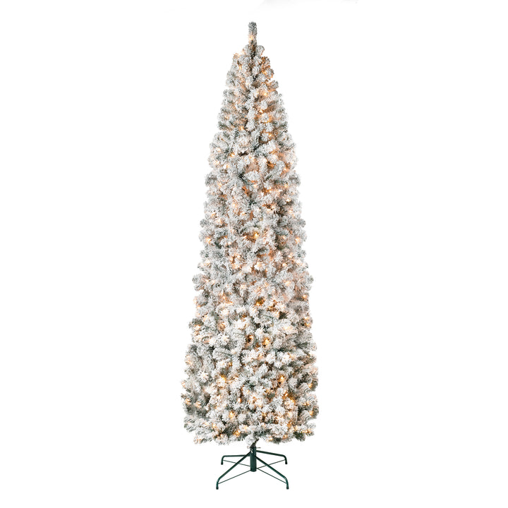 First Traditions Pre-Lit Acacia Flocked Tree Slim Christmas Tree, Clear Incandescent Lights, Plug In, 9 ft