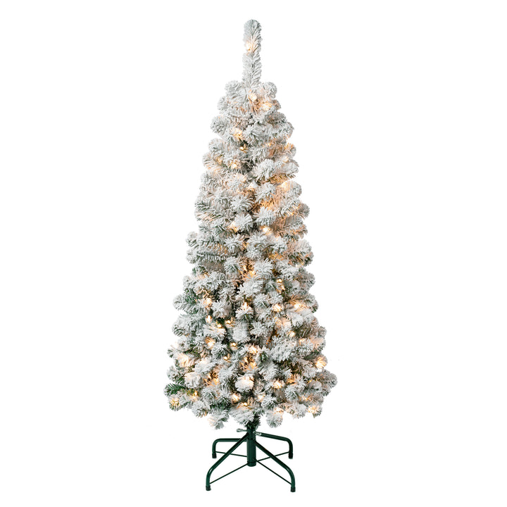 First Traditions Pre-Lit Acacia Flocked Tree Slim Christmas Tree, Clear Incandescent Lights, Plug In, 4.5 ft