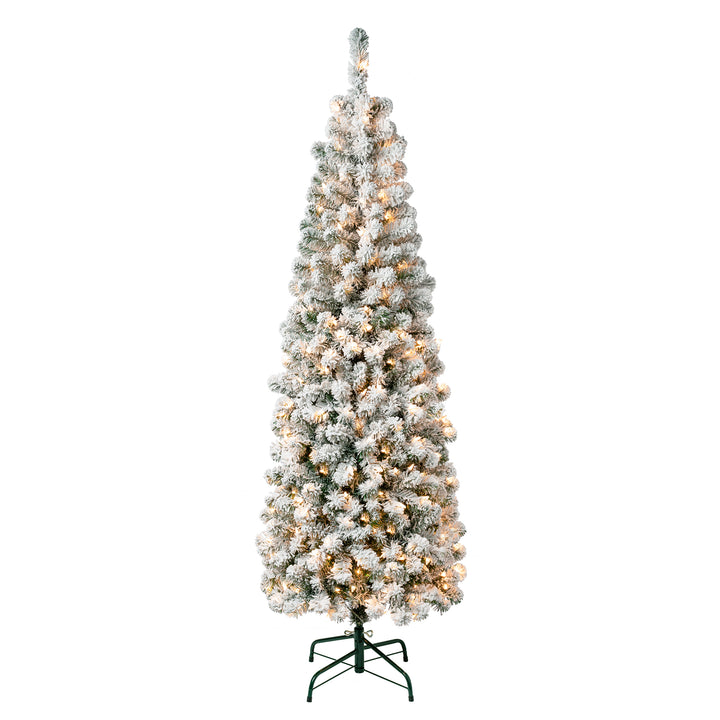 First Traditions Pre-Lit Acacia Flocked Tree Slim Christmas Tree, Clear Incandescent Lights, Plug In, 6 ft