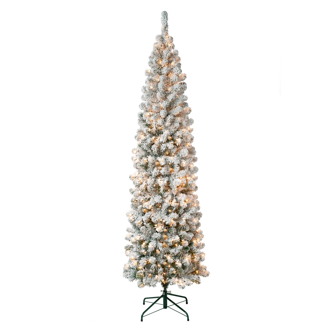 First Traditions Pre-Lit Acacia Flocked Tree Slim Christmas Tree, Clear Incandescent Lights, Plug In, 7.5 ft