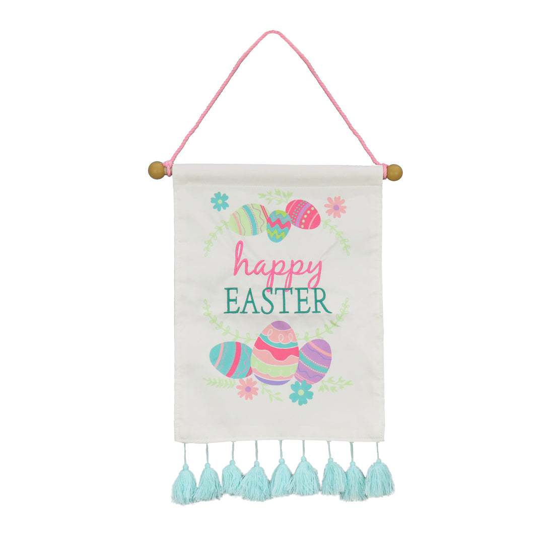 Happy Easter with Eggs Hanging Banner Decoration, White, Easter Collection, 19 Inches