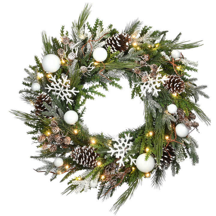 National Tree Company, Pre-Lit Artificial Christmas Wreath, Alpine Collection Decorated, with Warm White LED Lights, Battery Powered, 30 in