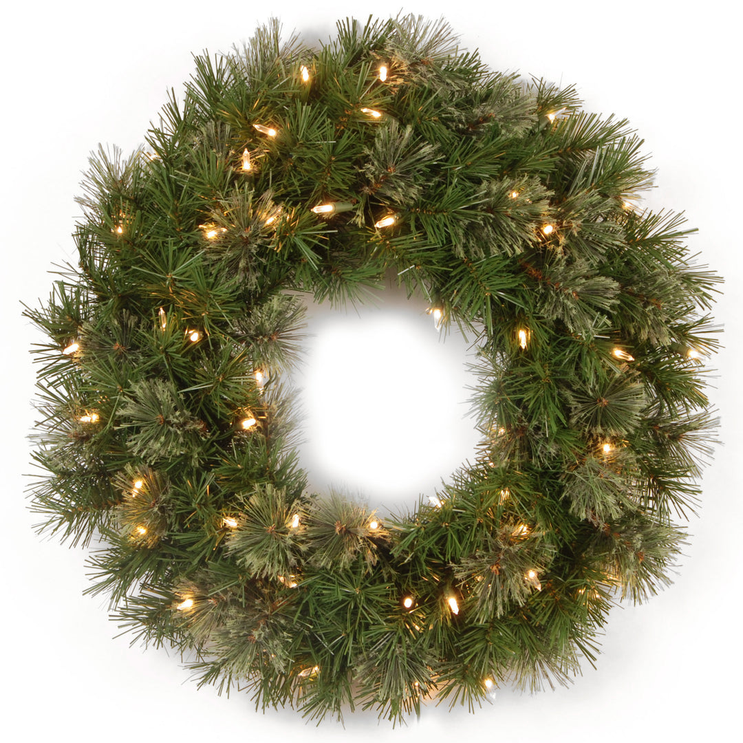 National Tree Company Pre-Lit Artificial Christmas Wreath, Green, Atlanta Spruce, White Lights, Christmas Collection, 24 Inches