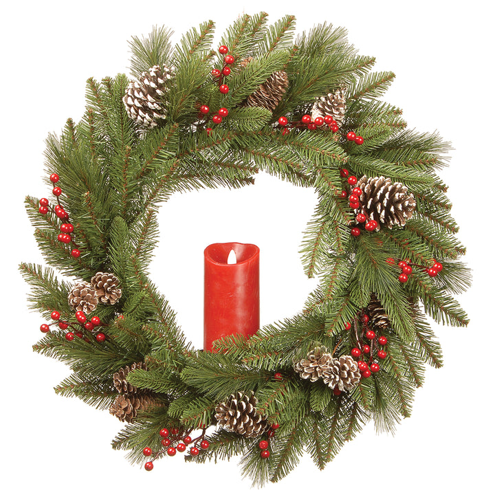 Pre-Lit Artificial 'Feel Real' Christmas Wreath, Green,  Bristle Berry Pine, White Lights, Decorated with Berry Clusters, Pine Cones, Candle Holder, Christmas Collection, 24 Inches