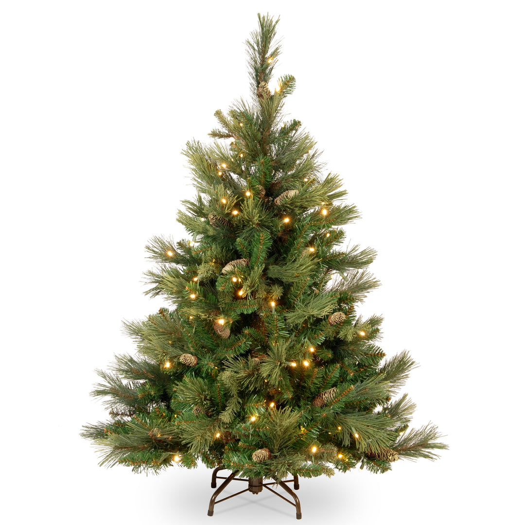 Pre-Lit Artificial Full Christmas Tree, Green, Carolina Pine, White Lights, Flocked with Pine Cones, Includes Stand, 4.5 feet