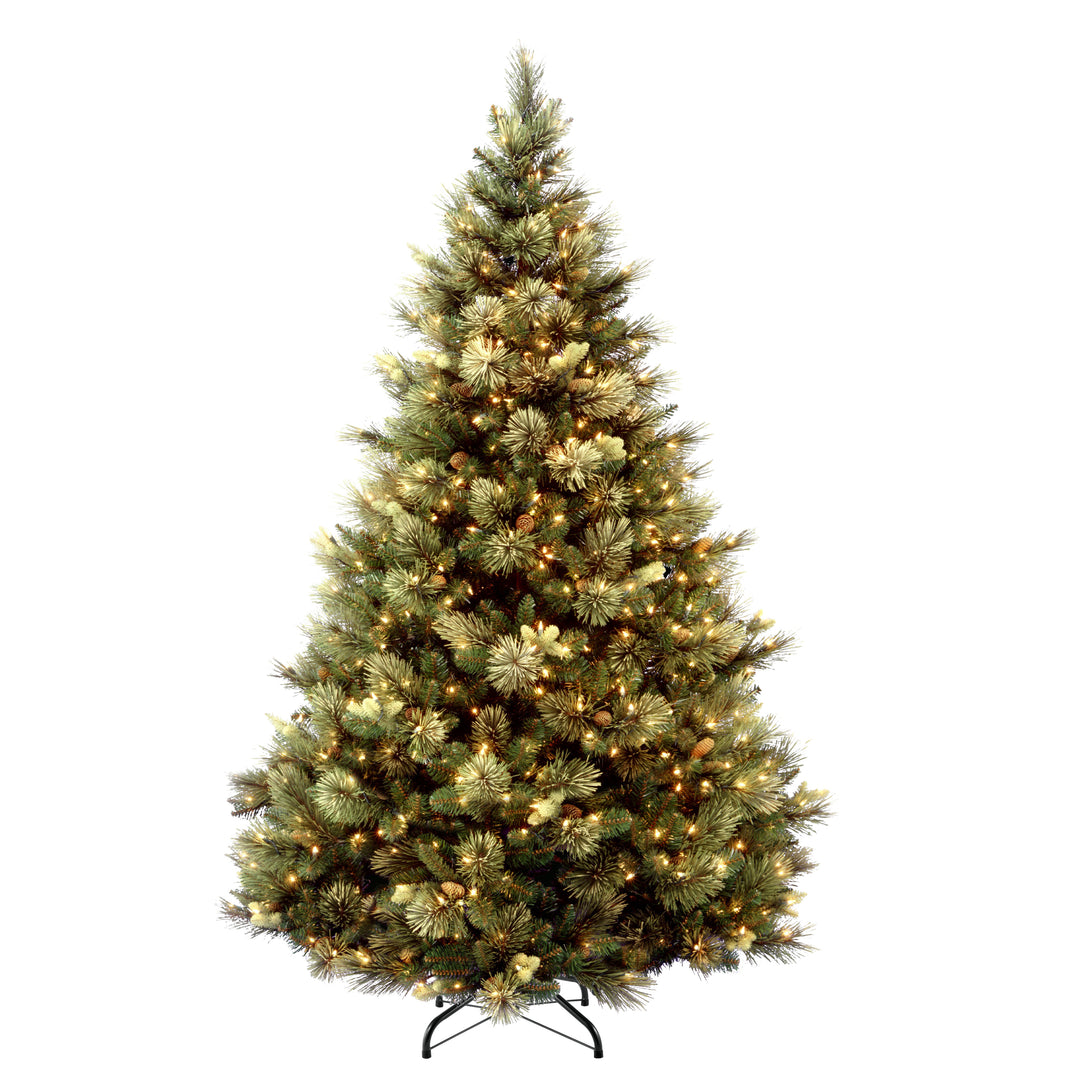National Tree Company Pre-Lit 'Feel Real' Artificial Full Christmas Tree, Green, Carolina Pine, Clear Lights, Flocked with Pine Cones, Includes Stand, 6.5 feet