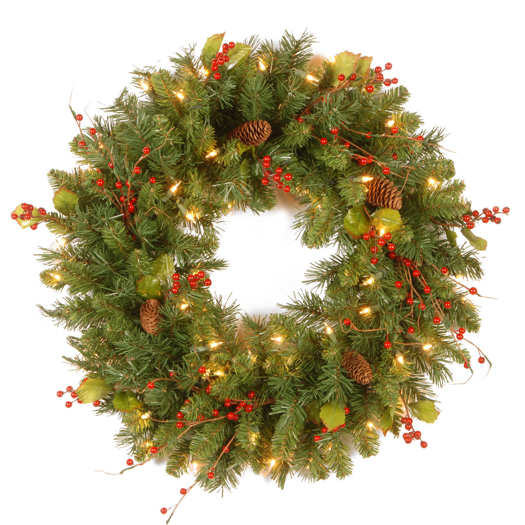 National Tree Company Pre-Lit Artificial Christmas Wreath, Green, Classical, White Lights, Decorated with Pine Cones, Berry Clusters, Leaves, Twigs, Christmas Collection, 24 Inches
