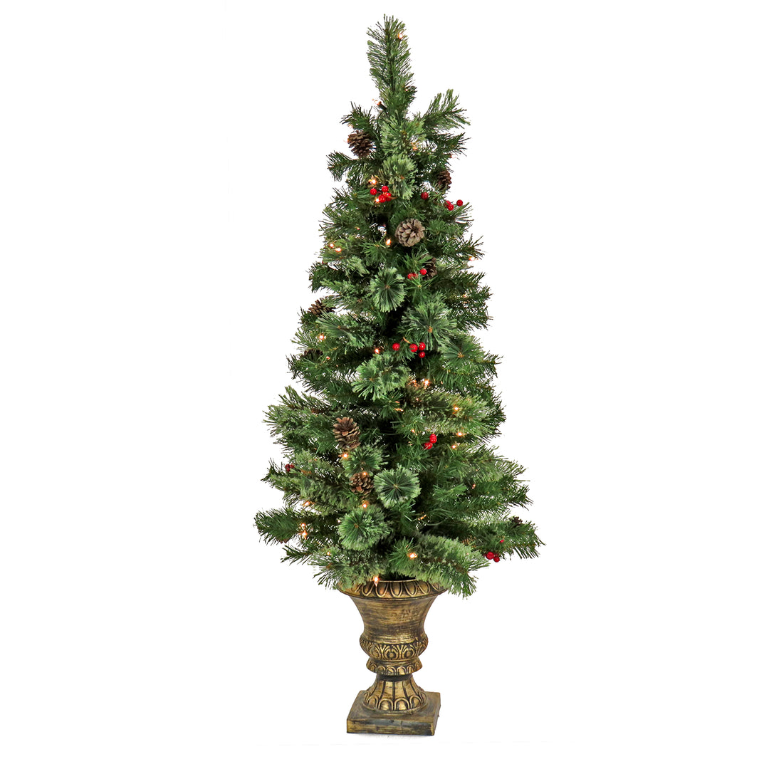 Artificial Cashmere Cone & Berry Entrance Christmas Tree in Bronze Urn, with Red Berries and Pinecones, Pre-Lit with Clear Incandescent Lights, Plug In, 4.5 ft