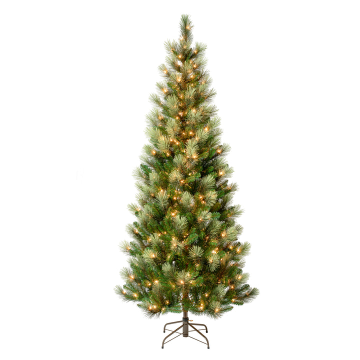 First Traditions Pre-Lit Charleston Pine Snowy Slim Christmas Tree, Clear Incandescent Lights, Plug In, 7.5 ft