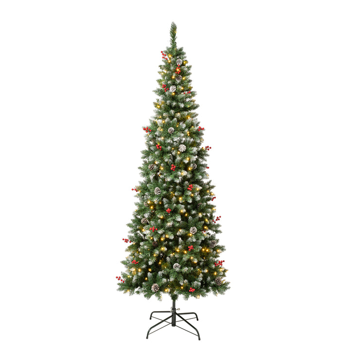 First Traditions Pre-Lit Cullen Slim Christmas Tree with Hinged Branches, Warm White LED Lights, Plug In, 7.5ft