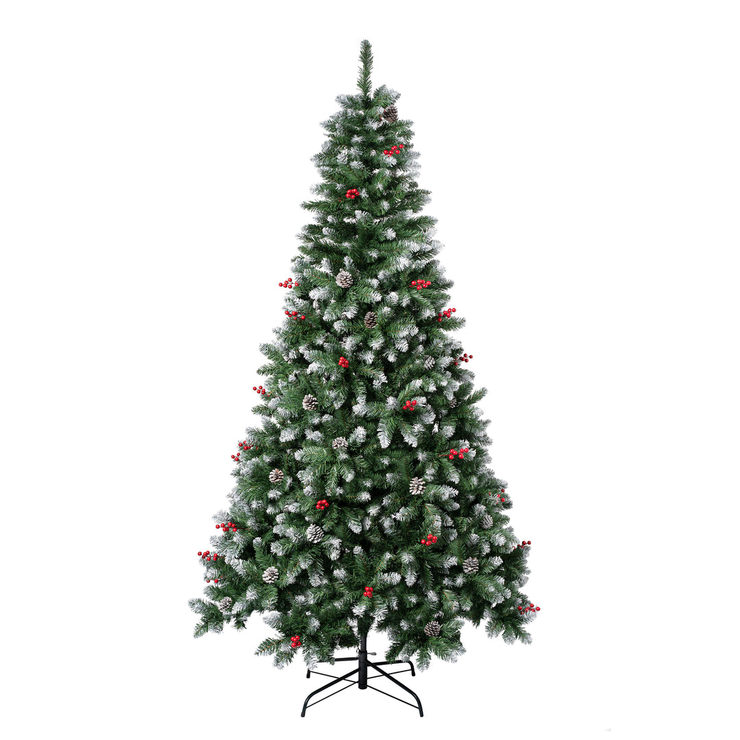 First Frosted Traditions Christmas Tree with Hinged Branches,  Pinecones and Red Berries, 7.5 ft