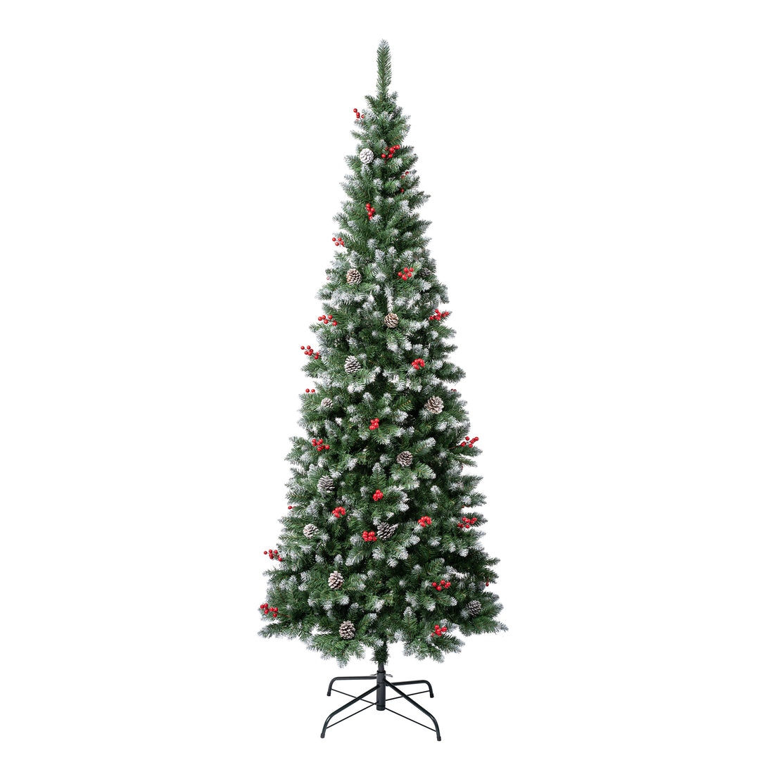 First Frosted Traditions Slim Christmas Tree with Hinged Branches, Pinecones and Red Berries, 7.5 ft