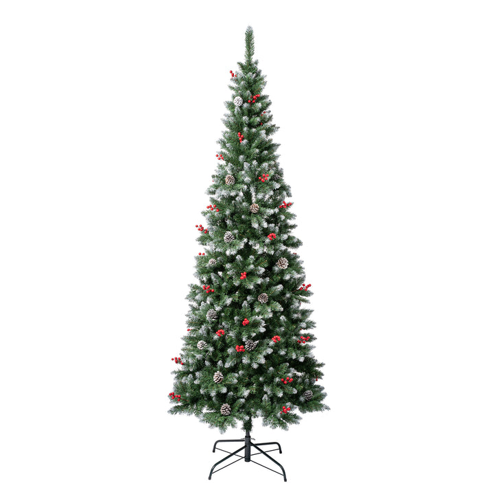 First Frosted Traditions Slim Christmas Tree with Hinged Branches, Pinecones and Red Berries, 7.5 ft
