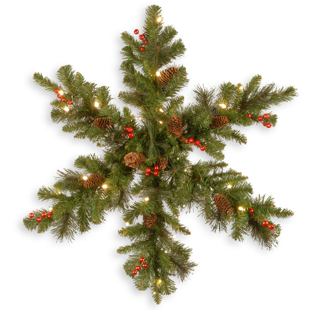 National Tree Company Pre-Lit Artificial Christmas Hanging Snowflake, Green, Crestwood Spruce, Decorated with Pine Cones, Berry Clusters, Christmas Collection, 32 Inches