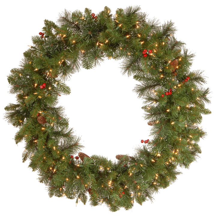 National Tree Company Pre-Lit Artificial Christmas Wreath, Green, Crestwood Spruce, White Lights, Decorated with Pine Cones, Berry Clusters, Frosted Branches, Christmas Collection, 36 Inches