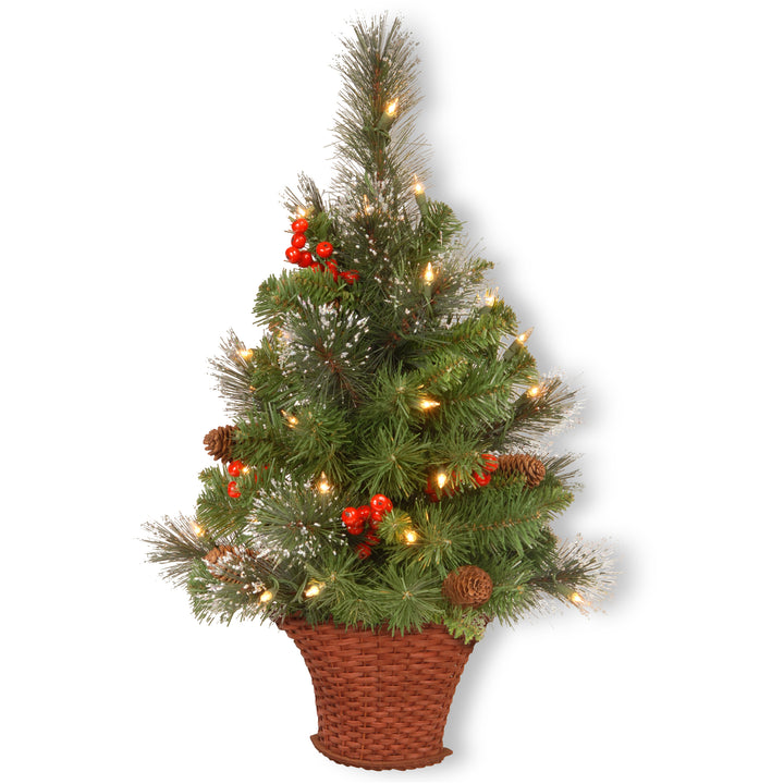 Pre-Lit Artificial Mini Christmas Tree, Green, Crestwood Spruce, White Lights, Decorated with Pine Cones, Berry Clusters, Frosted Branches, Includes Wicker Base, 3 Feet