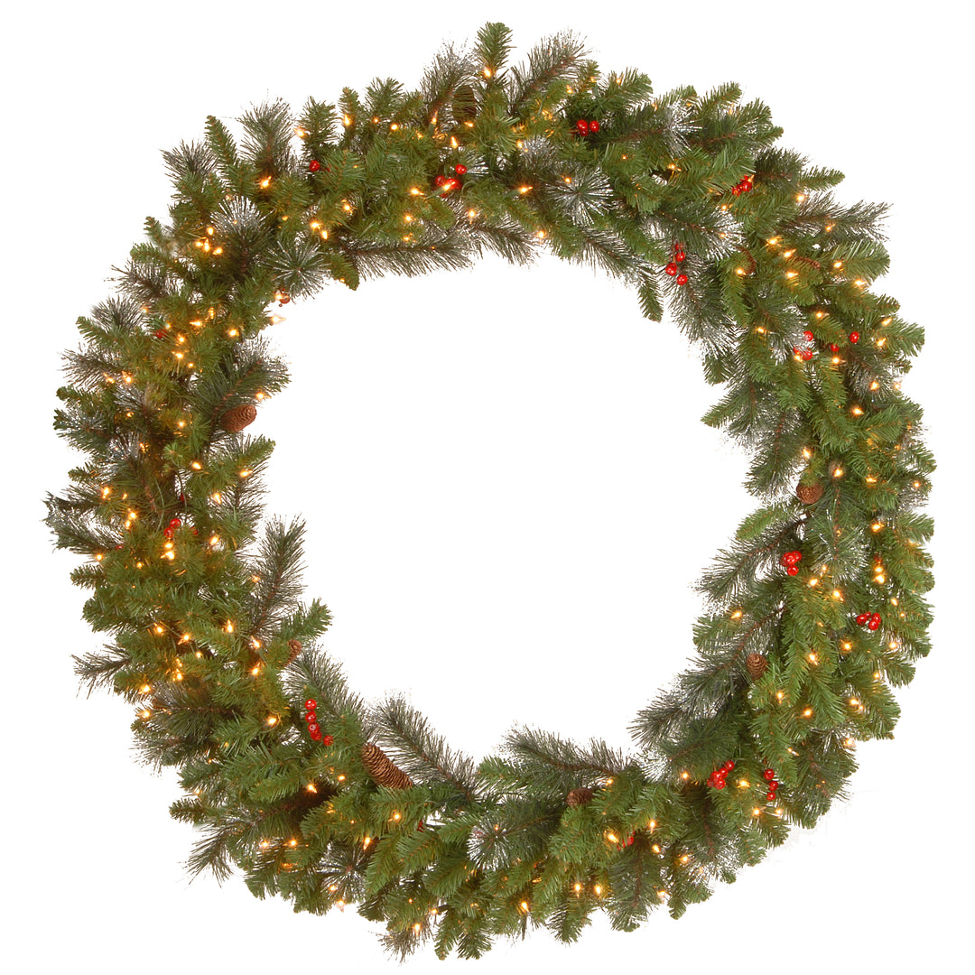 National Tree Company Pre-Lit Artificial Christmas Wreath, Green, Crestwood Spruce, White Lights, Decorated with Pine Cones, Berry Clusters, Christmas Collection, 48 Inches