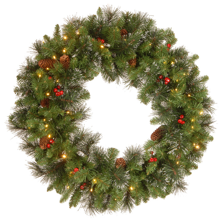 Pre-Lit Artificial Christmas Wreath, Green, Crestwood Spruce, White Lights, Decorated with Pine Cones, Berry Clusters, Frosted Branches, Christmas Collection, 30 Inches