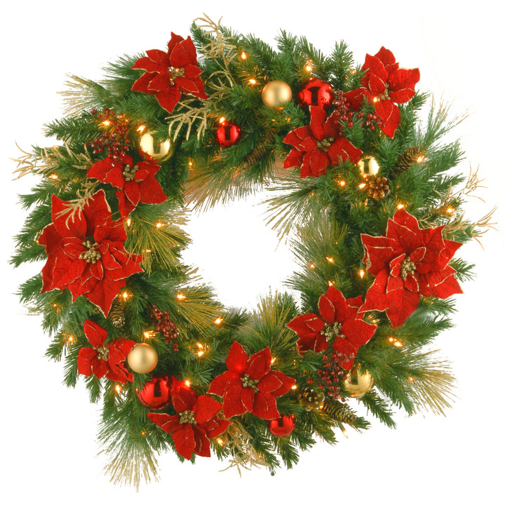 National Tree Company Pre-Lit Artificial Christmas Wreath, Green, Classical, White Lights, Decorated with Pine Cones, Berry Clusters, Poinsettia Flowers, Ball Ornaments, Christmas Collection, 36 Inches