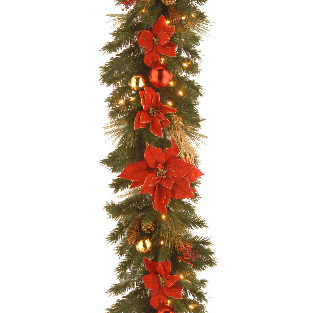 Pre-Lit Artificial Christmas Garland, Green, Evergreen, White Lights, Decorated With Pine Cones, Golden Branches, Ball Ornaments, Poinsettia Flowers, Plug In, Christmas Collection, 9 Feet