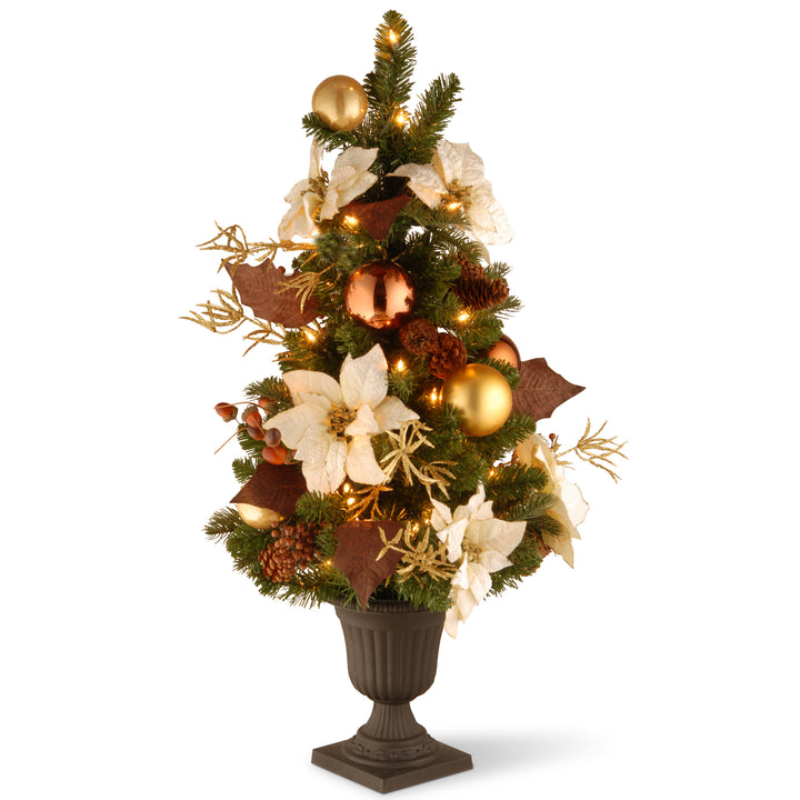 Pre-Lit Artificial Christmas Tree, Nature, Green, White Lights, Decorated with Pine Cones, Ornaments, Includes Pot Base, 3 Feet