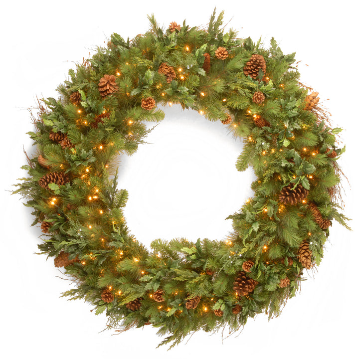 Pre-Lit Artificial Christmas Wreath, Green, Juniper Pine, White Lights, Decorated with Pine Cones, Christmas Collection, 48 Inches