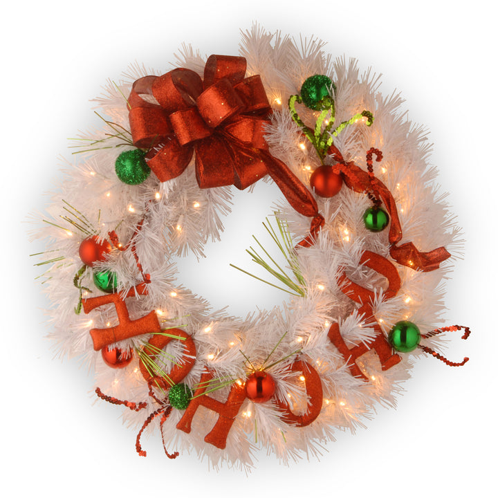 24in Ho Ho Ho Wreath with Battery Operated Warm White LED Lights