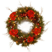 24 in. Pre-Lit Hydrangea Pine Wreath with Warm White LED Lights - National Tree Company