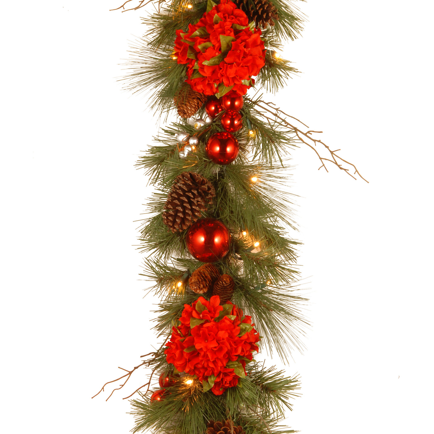 9 ft. Pre-Lit Hydrangea Pine Garland with Warm White LED Lights - National Tree Company