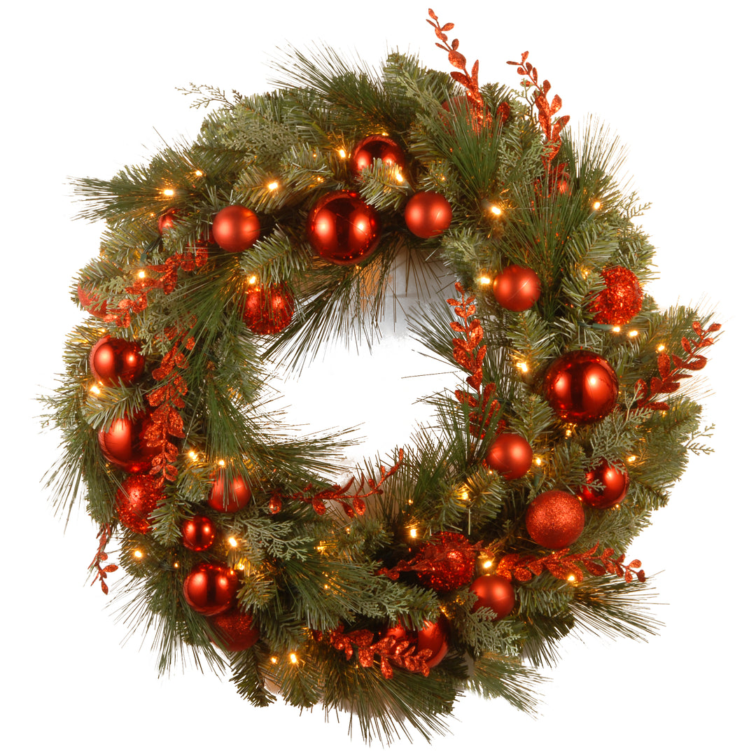 Pre-Lit Artificial Christmas Wreath, Green, Evergreen, White Lights, Decorated with Ball Ornaments, Red Sprigs, Christmas Collection, 24 Inches