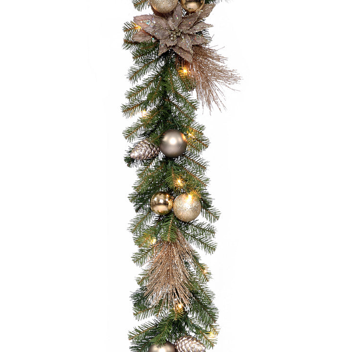 Pre-Lit Artificial Christmas Garland, Green, Evergreen, White Lights, Decorated With Metallic Flowers, Ball Ornaments, Pine Cones, Plug In, Christmas Collection, 9 Feet