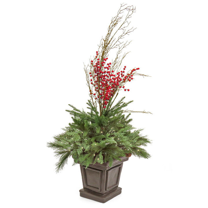 Pre Lit Artificial Shrub, Evergreen, Decorated with Red Berries, Pine Cones, Warm White LED Lights, Includes Stylish Brown Base, Battery Powered, Christmas Collection, 48 Inches
