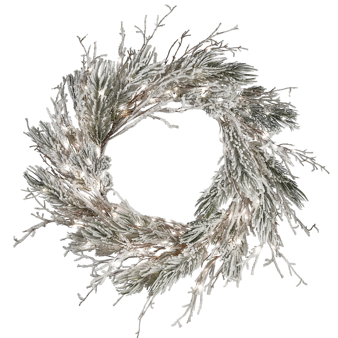 24" Pre-Lit Snowy Twig Wreath
