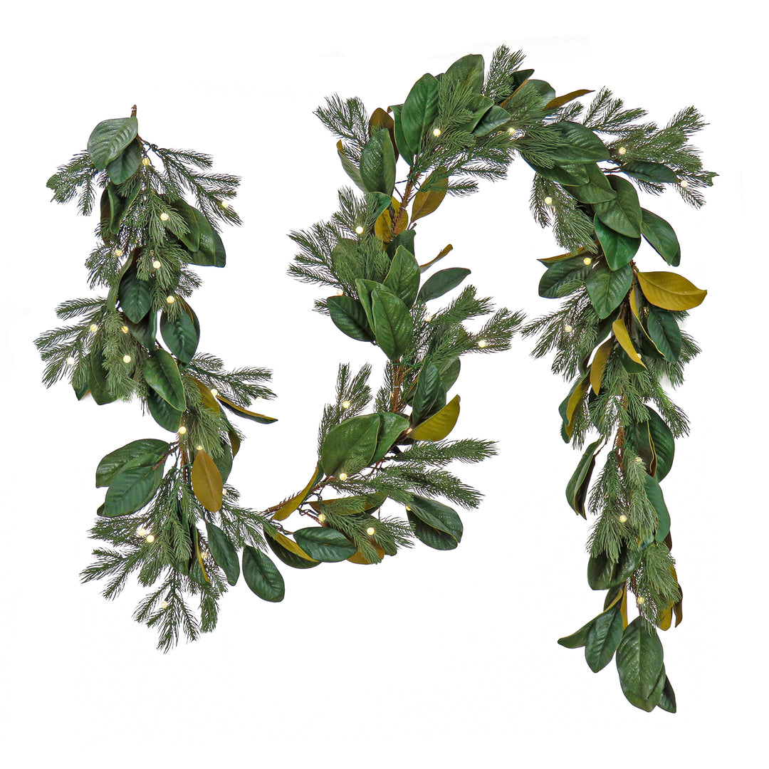 National Tree Company Pre Lit Artificial Garland, Magnolia Mix, Green, Decorated with Leafy Greens, Warm White LED Lights, Battery Powered, Christmas Collection, 9 Feet