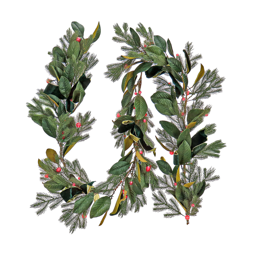 National Tree Company Pre Lit Artificial Garland, Magnolia Mix, Green, Decorated with Leafy Greens, Red Berry LED Lights, Battery Powered, Christmas Collection, 9 Feet