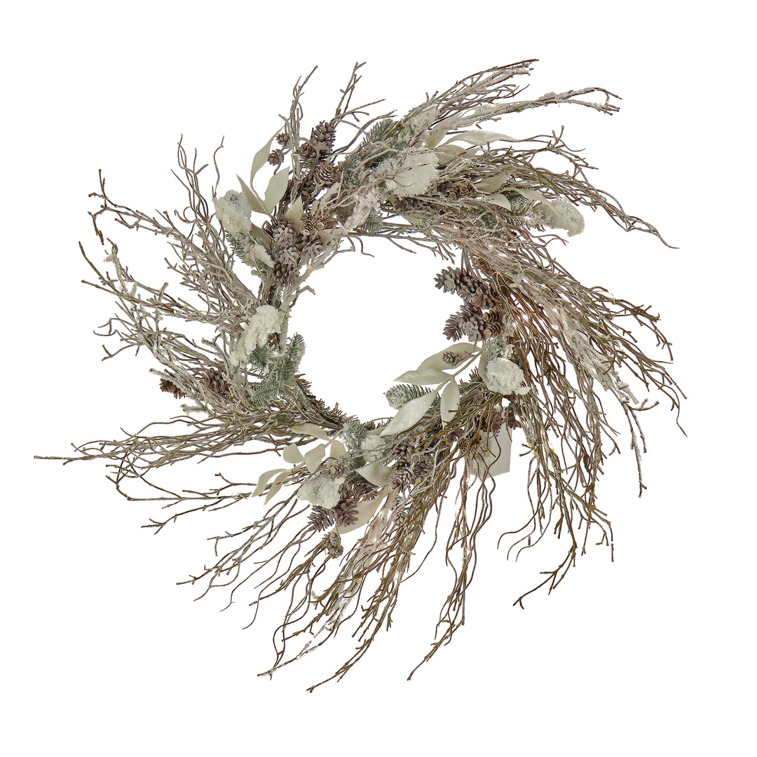 National Tree Company 24" Christmas Alpine Trimmed Snow Lump Wreath, 150 Pure White LED Rice Lights- Battery Operated with Remote Control