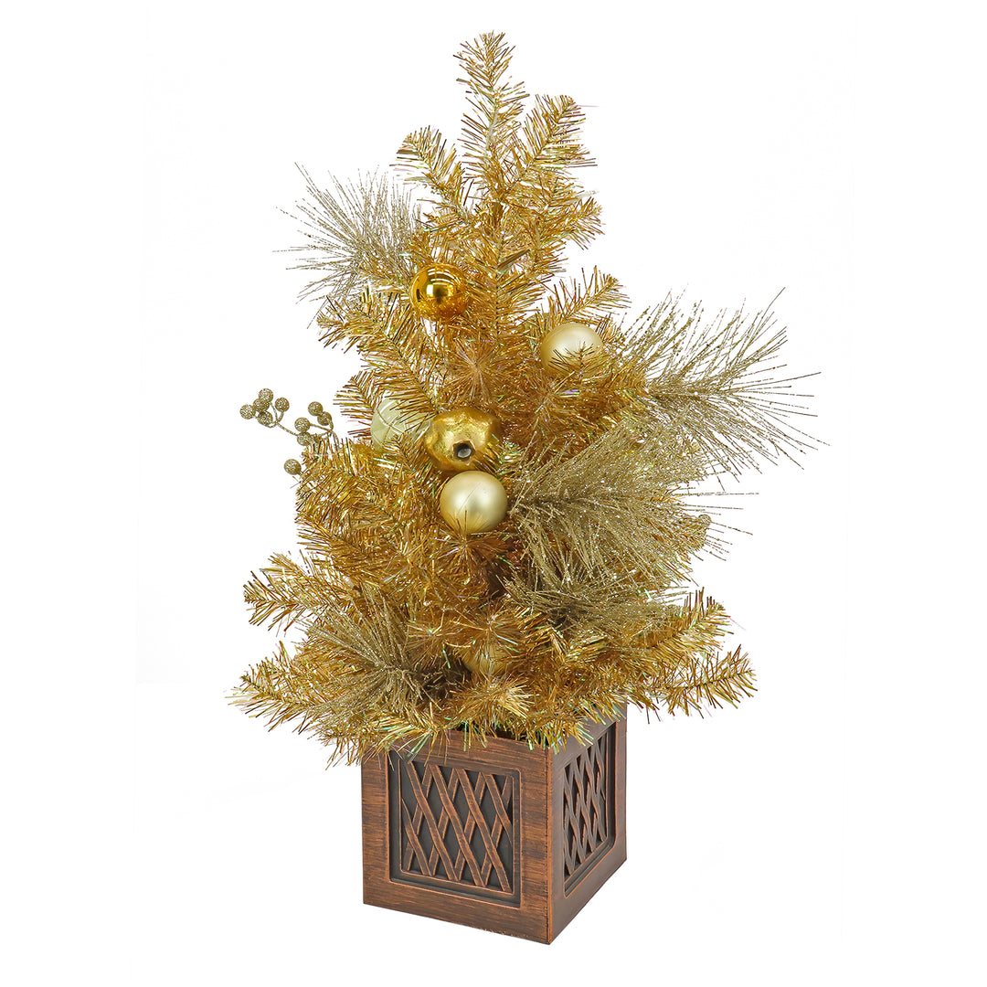 36" Christmas Be Merry Decorated Gold Table Top Tree in Pot, 35 Warm White LED Lights- Battery Operated with Remote Control