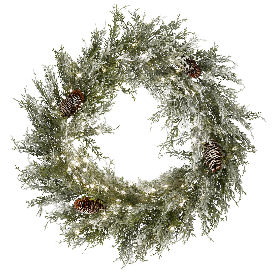24" Pre-Lit Snowy Christmas Wreath with Pinecones