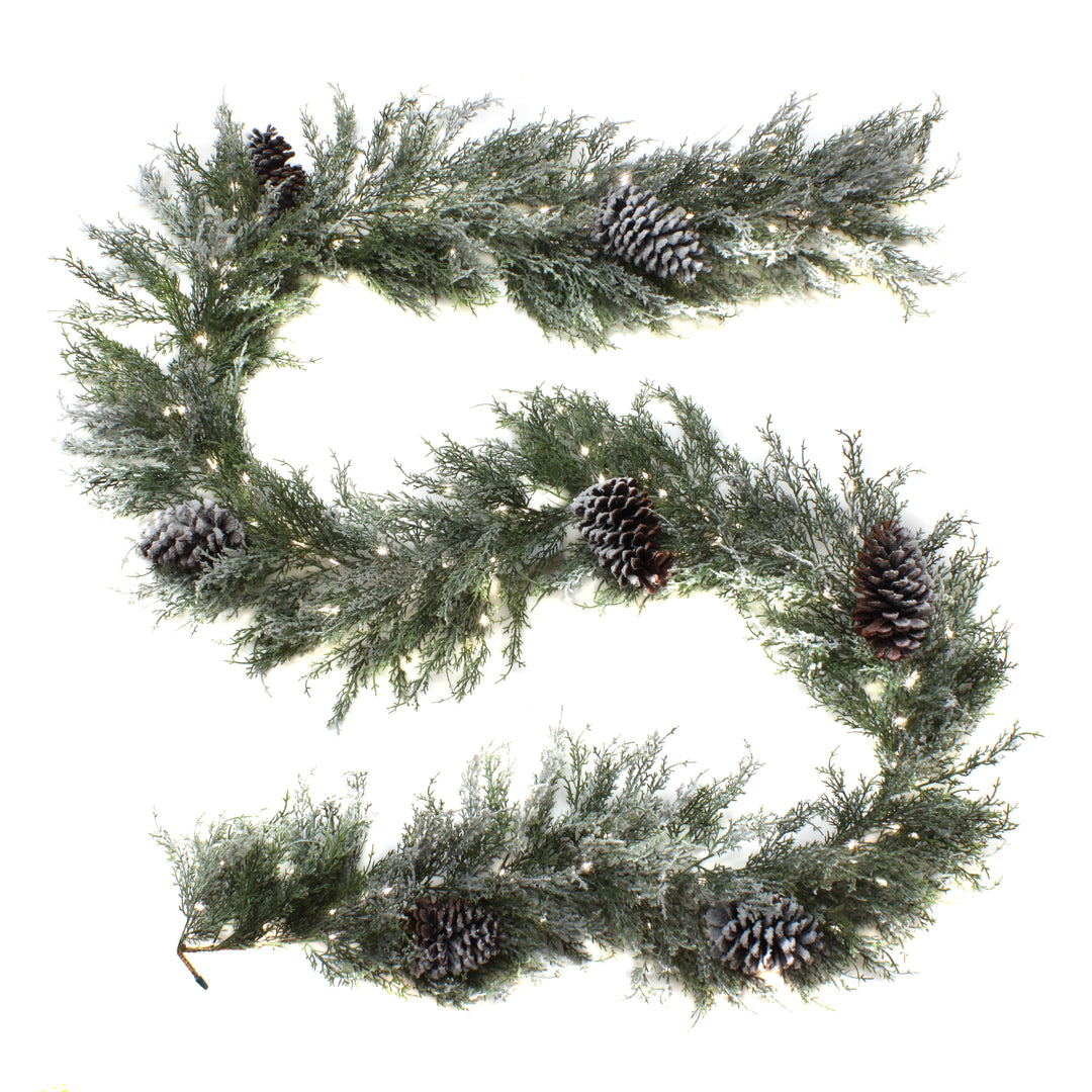 National Tree Company Pre Lit Artificial Garland, Snowy Christmas, Green, Frosted, Decorated with Frosted Pine Cones, Pure White LED Lights, Battery Powered, Christmas Collection, 9 Feet