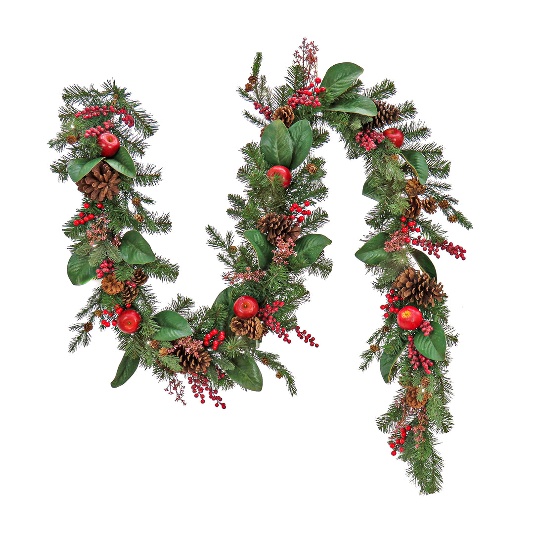 National Tree Company Pre Lit Artificial Garland, Rural Homestead, Green, Decorated with Apples, Red Berry Clusters, Pine Cones, Warm White LED Lights, Battery Powered, Christmas Collection, 9 Feet