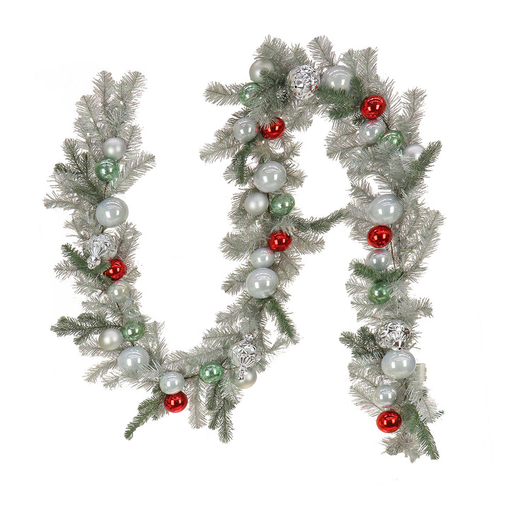 National Tree Company, 9' Christmas Be Merry Trimmed Silver Garland, 75 Pure White LED Lights- Battery Operated with Remote Control