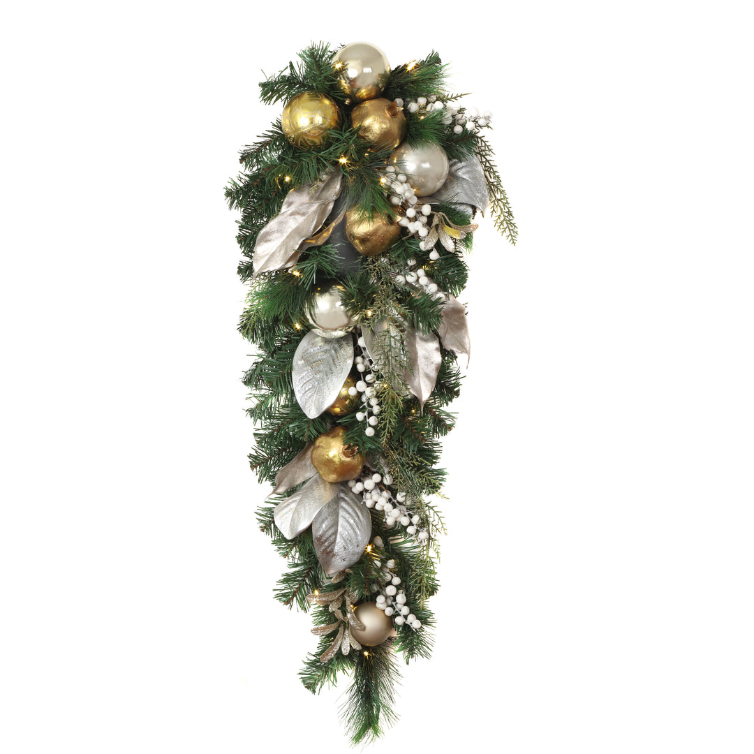 National Tree Company, Pre-Lit Artificial Christmas Swag Yuletide Glam Gold Decorated Teardrop, with Warm White LED Lights, Battery Powered, 36 in